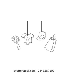 Hanging baby items sketch style rattle onesie bird bottle cute decoration