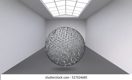 Hanging ball made of lots of smaller polygons in the large empty room. The exhibition space is the abstract object with a spherical shape.