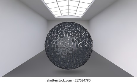 Hanging ball made of lots of smaller polygons in the large empty room. The exhibition space is the abstract object with a spherical shape.