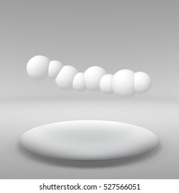 Hanging ball made of lots of smaller polygons in the large empty room. The exhibition space is the abstract object with a spherical shape.