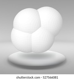 Hanging ball made of lots of smaller polygons in the large empty room. The exhibition space is the abstract object with a spherical shape.