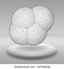 Hanging ball made of lots of smaller polygons in the large empty room. The exhibition space is the abstract object with a spherical shape.