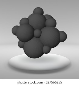 Hanging ball made of lots of smaller polygons in the large empty room. The exhibition space is the abstract object with a spherical shape.