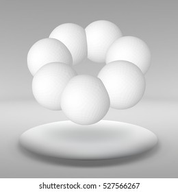 Hanging ball made of lots of smaller polygons in the large empty room. The exhibition space is the abstract object with a spherical shape.