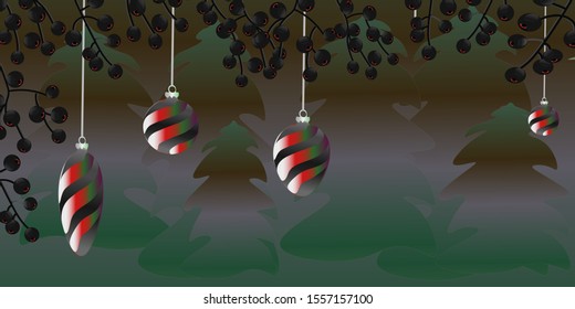 Hanging balls against a spruce forest.Vector illustration.