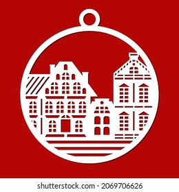 Hanging balls with facades of European houses. Decoration for interior, Christmas tree, New Years holidays. Template of round decorative elements for plotter laser cutting, cnc. Vector illustration.