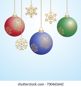 Hanging balls and golden snowflakes. Vector illustration.