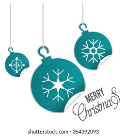 hanging balls with page curl effect set with Merry Christmas Creative typography isolated on white background