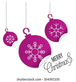 hanging balls with page curl effect set with Merry Christmas Creative typography isolated on white background