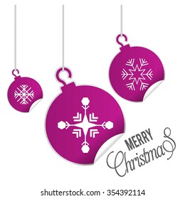 hanging balls with page curl effect set with Merry Christmas Creative typography isolated on white background