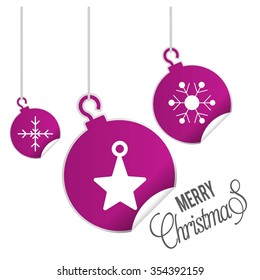 hanging balls with page curl effect set with Merry Christmas Creative typography isolated on white background