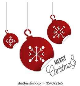 hanging balls with page curl effect set with Merry Christmas Creative typography isolated on white background