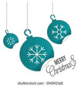 hanging balls with page curl effect set with Merry Christmas Creative typography isolated on white background