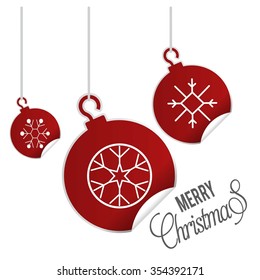 hanging balls with page curl effect set with Merry Christmas Creative typography isolated on white background