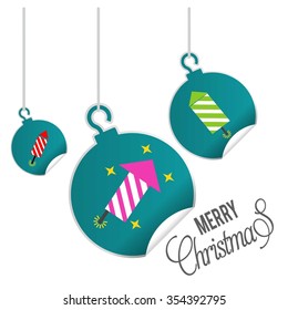 hanging balls with page curl effect set with Merry Christmas Creative typography isolated on white background