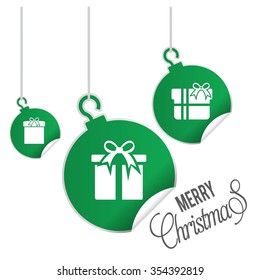 hanging balls with page curl effect set with Merry Christmas Creative typography isolated on white background