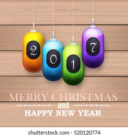 Hanging Balls Wooden Background, Flyer, Poster. Vector Wood Postcard with 2017 Happy New Year Celebration Design, Merry Christmas Greeting Card Design