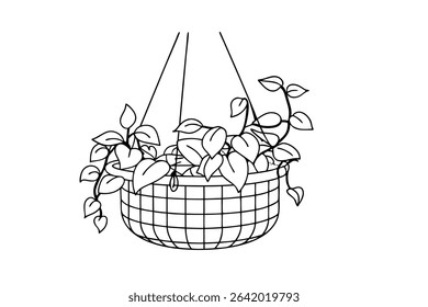 Hanging basket plant with lush green leaves simple black and white vector illustration