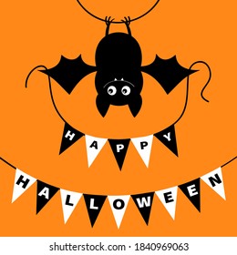 Hanging bat holding bunting flag garland. Happy Halloween. Scary black animal. Cute cartoon kawaii spooky character. Smiling face, wings. Orange background Greeting card. Flat design. Vector