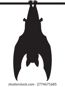 Hanging Bat Silhouette Upside Down Position Isolated Black Vector Illustration