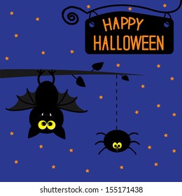 Hanging bat and spider. Starry night. Happy Halloween card. Vector illustration