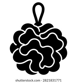 hanging bath loofah sponge shown as a black silhouette icon and isolated on a white background.
