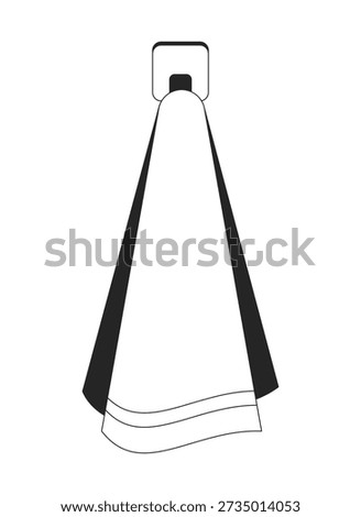 Hanging bathroom towel on wall hook 2D line object. Daily use. Everyday routine. Wall decor. Fresh linen. Home cleanliness isolated clipart vector ink outline item. Monochrome spot illustration