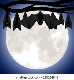 Hanging bats on branch of tree. Halloween card