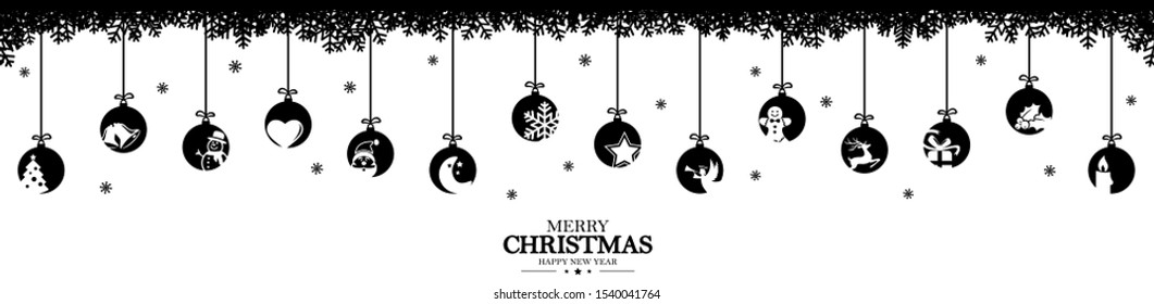 hanging baubles colored black with different abstract icons for christmas and winter time concepts, snow flakes on top side and greetings for christmas and New Year