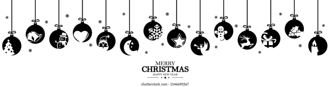 hanging baubles colored black with different abstract icons for christmas and winter time concepts and greetings for christmas and New Year