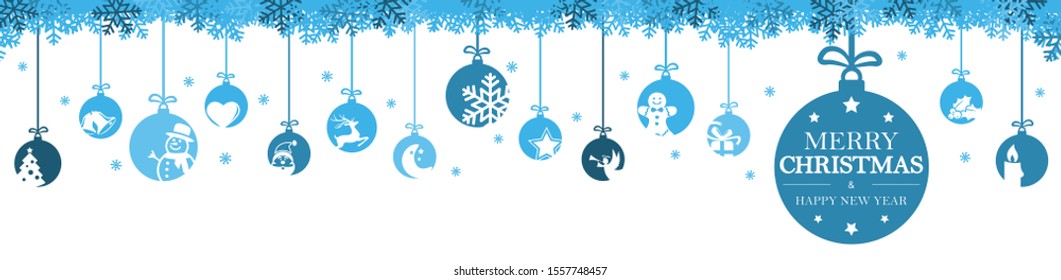 hanging baubles colored blue with different abstract icons for christmas and winter time concepts, snow flakes on top side and greetings for christmas and New Year