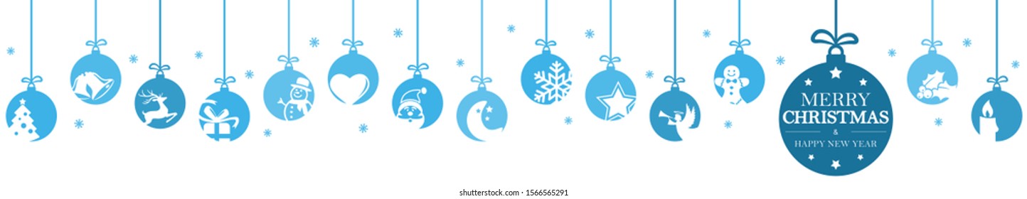 hanging baubles colored blue with different abstract icons for christmas and winter time concepts, snow flakes and greetings for christmas and New Year