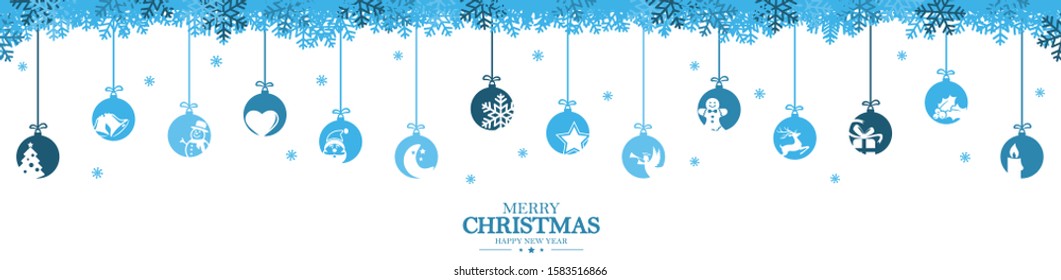hanging baubles colored blue with different abstract icons for christmas and winter time concepts, snow flakes on top side and greetings for christmas and New Year