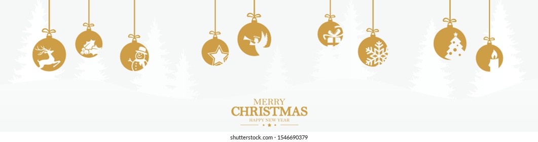 hanging baubles colored gold with different abstract icons for christmas and winter time concepts with light blue fir tree background