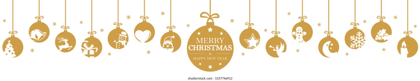 hanging baubles colored gold with different abstract icons for christmas and winter time concepts, snow flakes and greetings for christmas and New Year