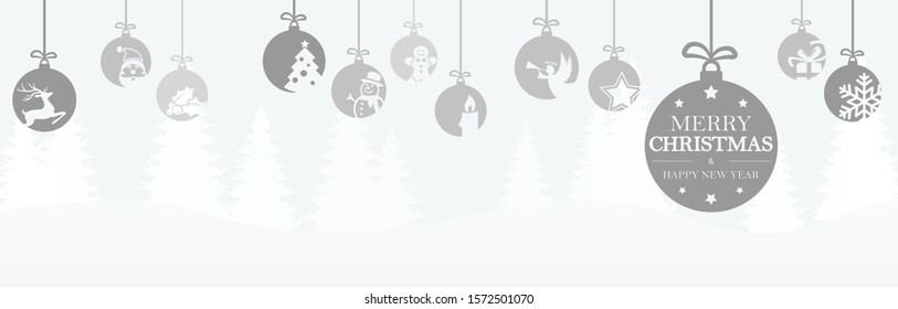 hanging baubles colored gray with different abstract icons for christmas and winter time concepts, snow flakes on top side and greetings for christmas and New Year