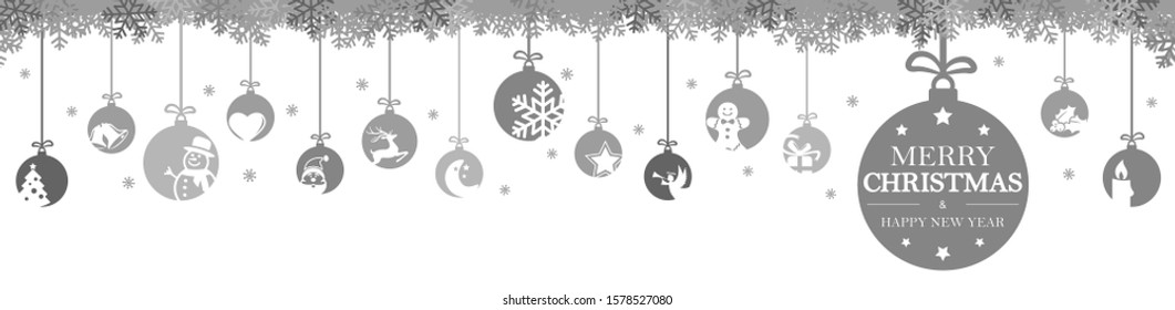hanging baubles colored gray with different abstract icons for christmas and winter time concepts, snow flakes on top side and greetings for christmas and New Year