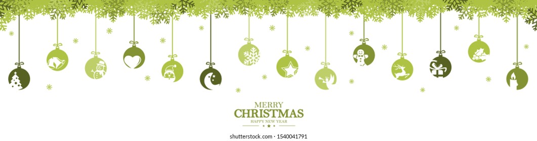 hanging baubles colored green with different abstract icons for christmas and winter time concepts, snow flakes on top side and greetings for christmas and New Year