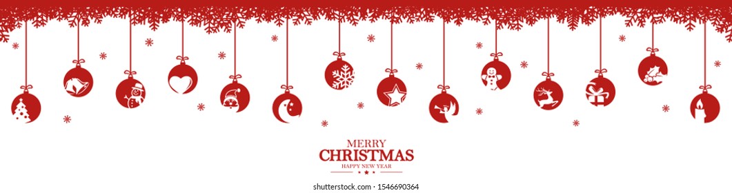 colgando baubles de color rojo con diferentes íconos abstractos para Navidad y conceptos de invierno, copos de nieve en la parte superior y saludos para Navidad y Año Nuevo