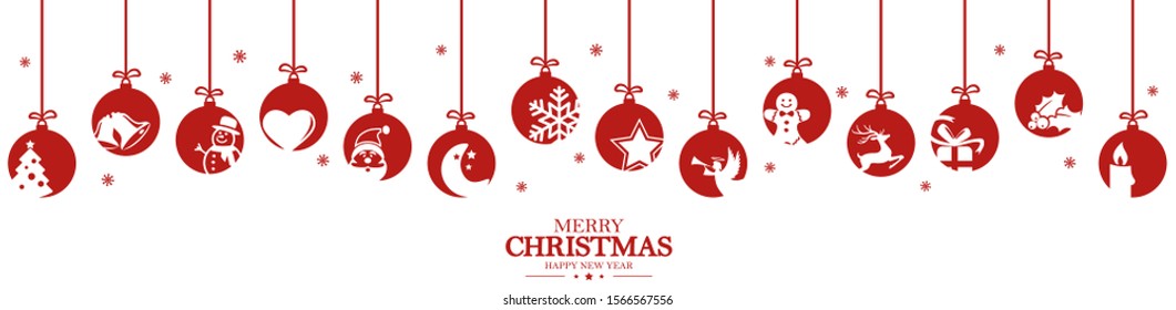 hanging baubles colored red with different abstract icons for christmas and winter time concepts and greetings for christmas and New Year