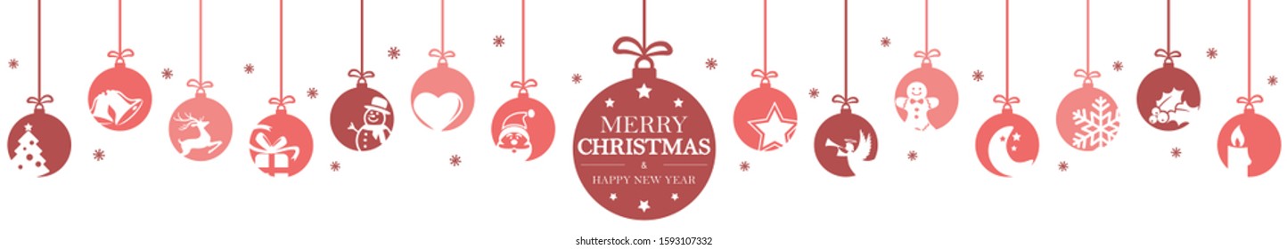 hanging baubles colored red with different abstract icons for christmas and winter time concepts, snow flakes and greetings for christmas and New Year