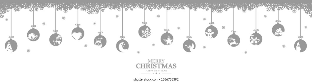 hanging baubles colored silver with different abstract icons for christmas and winter time concepts, snow flakes on top side and greetings for christmas and New Year