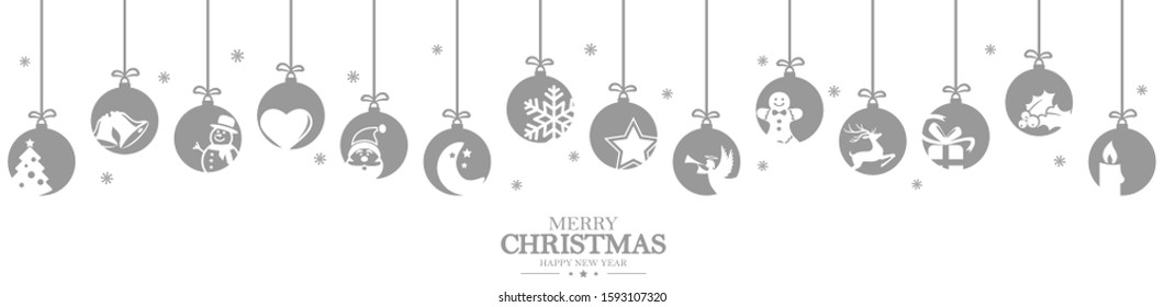 hanging baubles colored silver with different abstract icons for christmas and winter time concepts and greetings for christmas and New Year