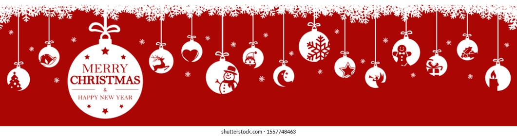 colgando baubles de color blanco con diferentes íconos abstractos para Navidad y conceptos de invierno, copos de nieve en la parte superior y saludos para Navidad y Año Nuevo con fondo de color