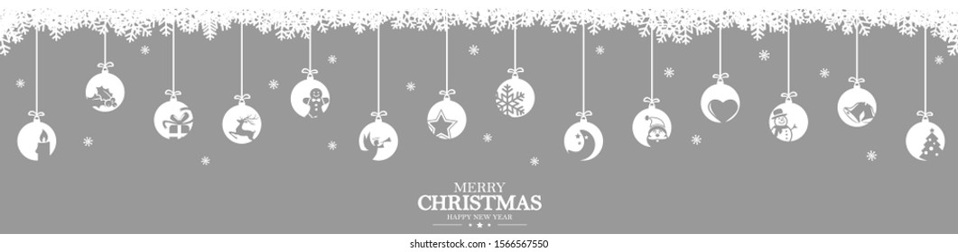 hanging baubles colored white with different abstract icons for christmas and winter time concepts, snow flakes on top side and greetings for christmas and New Year