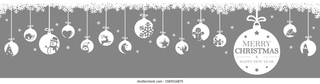 hanging baubles colored white with different abstract icons for christmas and winter time concepts, snow flakes on top side and greetings for christmas and New Year with colored background