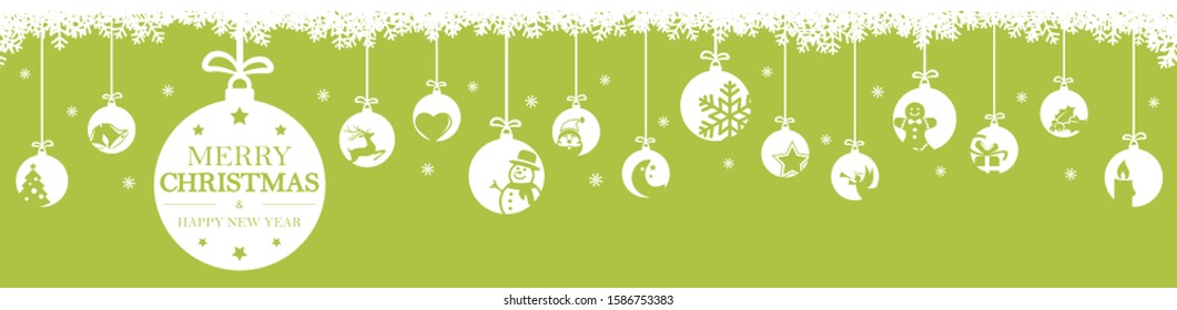 hanging baubles colored white with different abstract icons for christmas and winter time concepts, snow flakes on top side and greetings for christmas and New Year with colored background