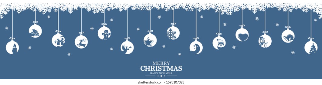 hanging baubles colored white with different abstract icons for christmas and winter time concepts, snow flakes on top side and greetings for christmas and New Year