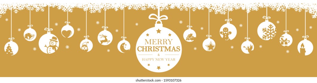 hanging baubles colored white with different abstract icons for christmas and winter time concepts, snow flakes on top side and greetings for christmas and New Year with colored background