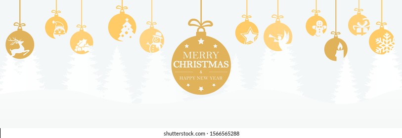 hanging baubles colored yellow with different abstract icons for christmas and winter time concepts, fir tree background and greetings for christmas and New Year